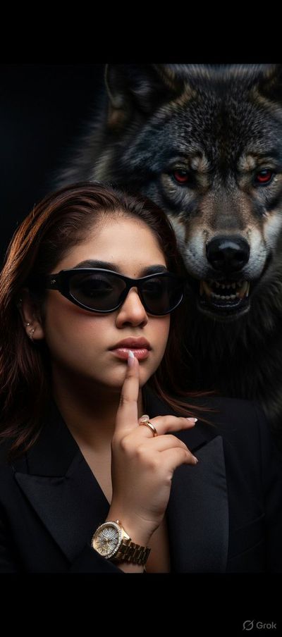 Elegant Power: Woman and Wolf in a Shadowed Close-Up