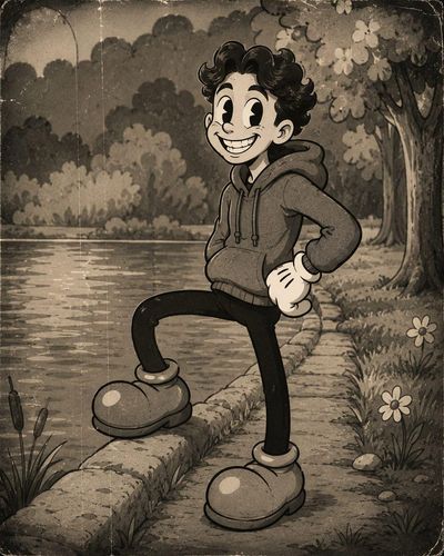 Vintage cartoon man in rubber hose style with big smile