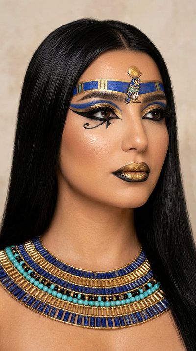 Regal pharaonic calm radiates from lapis-blue falcon makeup portrait