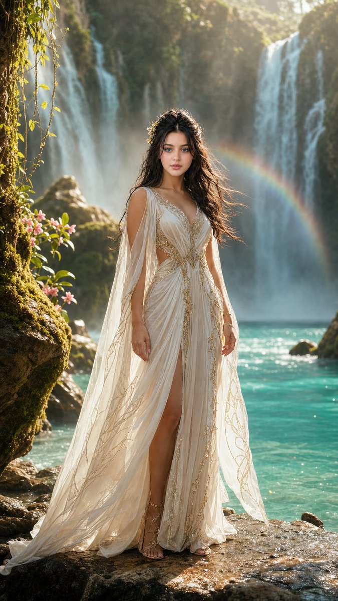 Ethereal Nymph by a Turquoise Waterfall