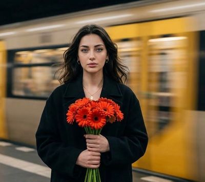 Woman on train platform holds orange flowers as yellow train blurs behind