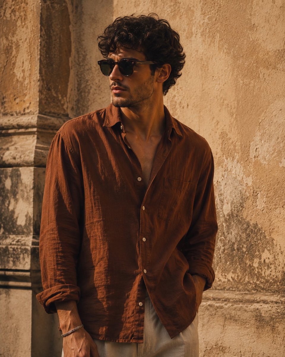 Mediterranean man leans against rustic wall in golden sunlight
