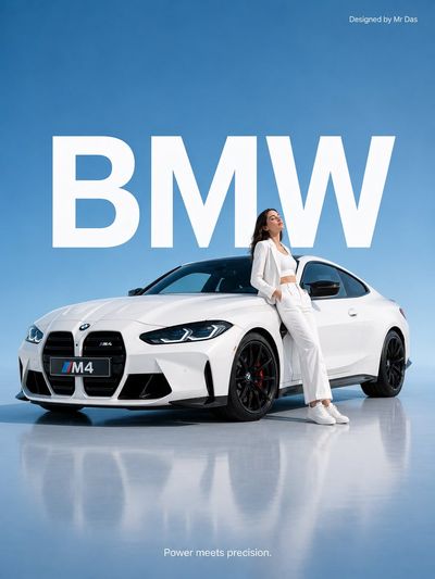 Young woman leans on giant white BMW M4 in minimalist ad