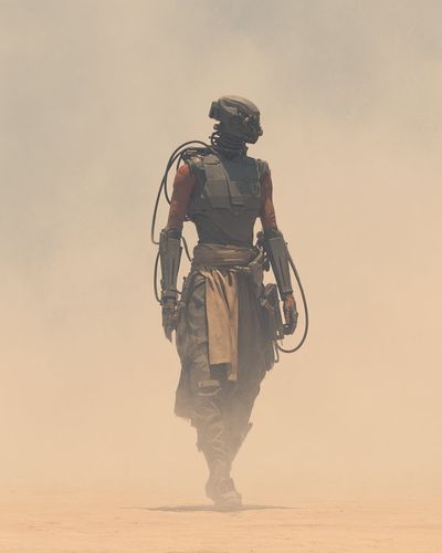 Biomechanical Desert Warrior: A Cinematic Portrait