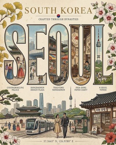 Seoul's ancient palaces and modern towers blend in vintage poster
