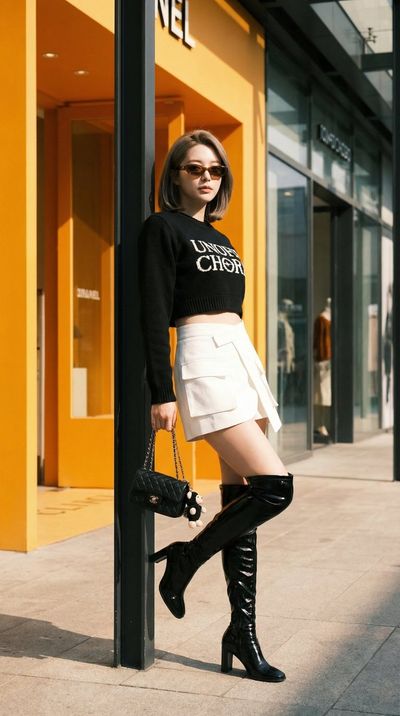Sharp Attitude in Black Boots Against a Golden Wall