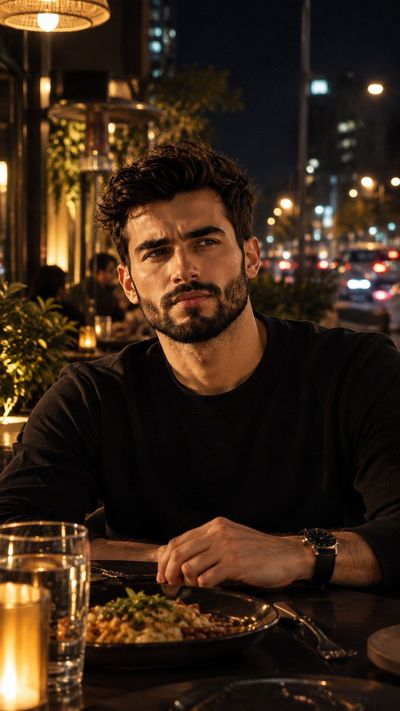 South Asian man enjoys midnight dinner at elegant outdoor city restaurant