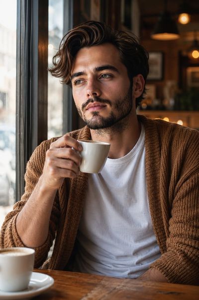 A man in a camel cardigan gazes out a café window