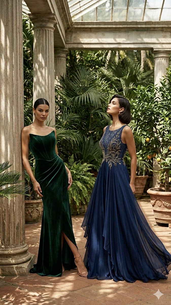 Two elegant women in gowns pose inside a sunlit greenhouse.