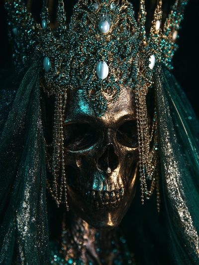 Bronze Skull Wears Jeweled Gold Crown In Dark Fantasy Portrait