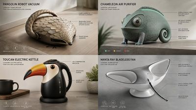 A four-panel grid shows exotic animal shaped home gadgets