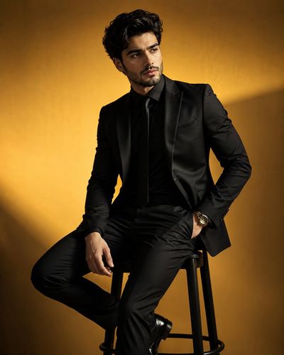 Elegant man in black suit poses against golden studio backdrop