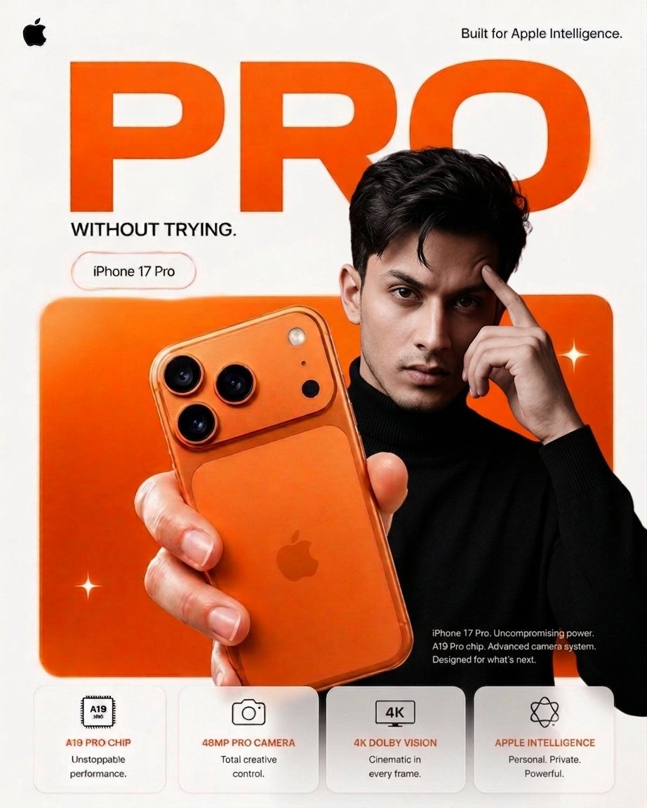 Confident model holds orange iPhone in minimalist ad