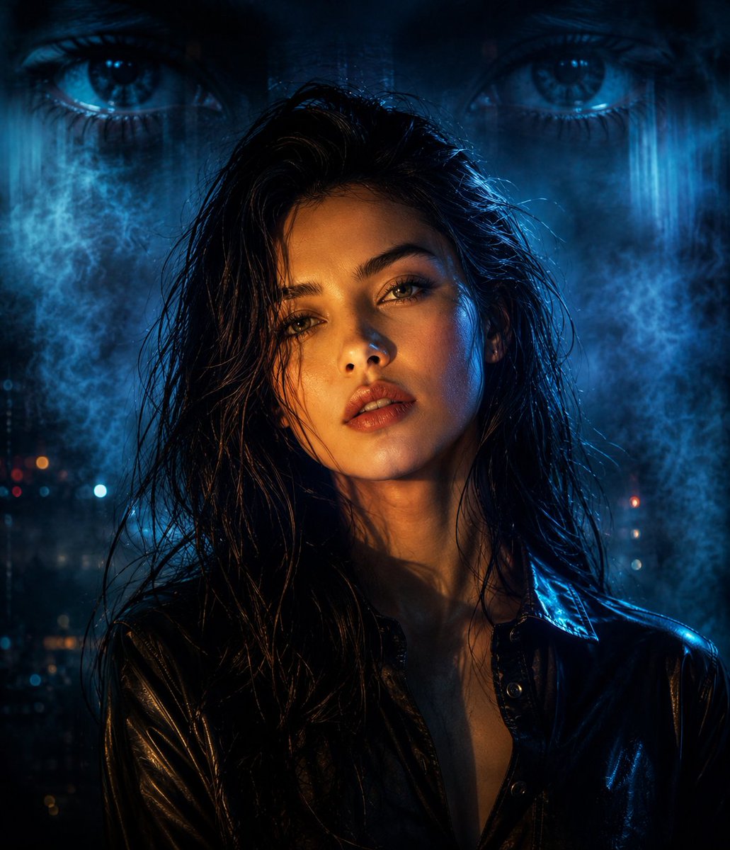 Warm and cool split lighting illuminates a cyberpunk woman's face.