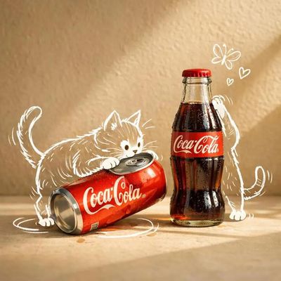 Minimalist product scene with playful white line doodle character