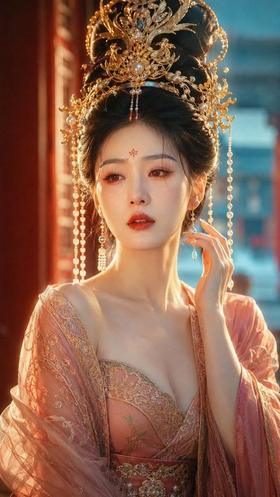 Tang Dynasty Beauty in Rose Pink Robe Gently Touches Pearl Tassels