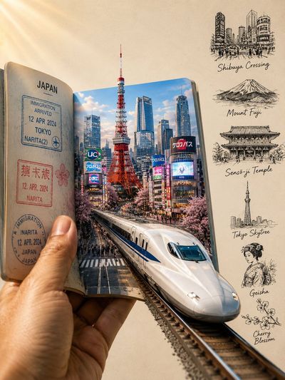 A hand holds a passport that opens into a vibrant Tokyo gateway.