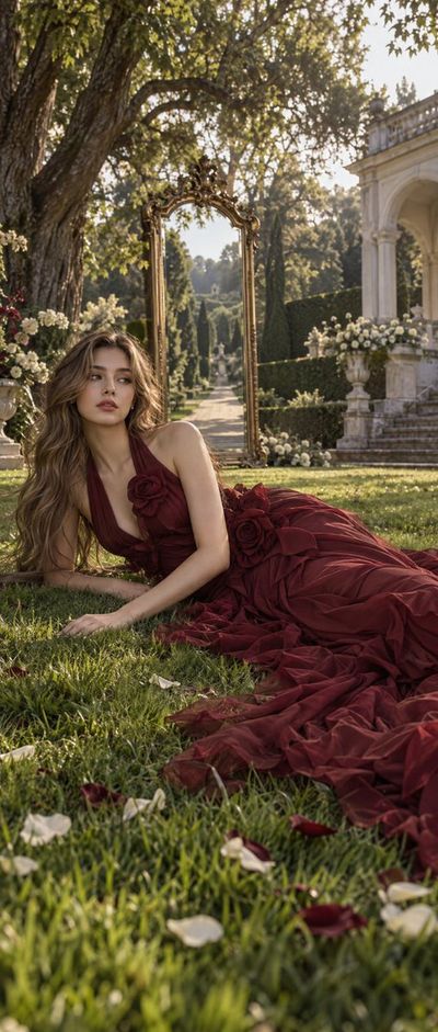 Woman in Burgundy Dress Reclines on Palace Garden Grass