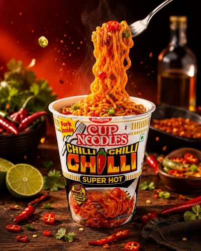 Glossy spicy noodles lift from cup with chili flakes flying