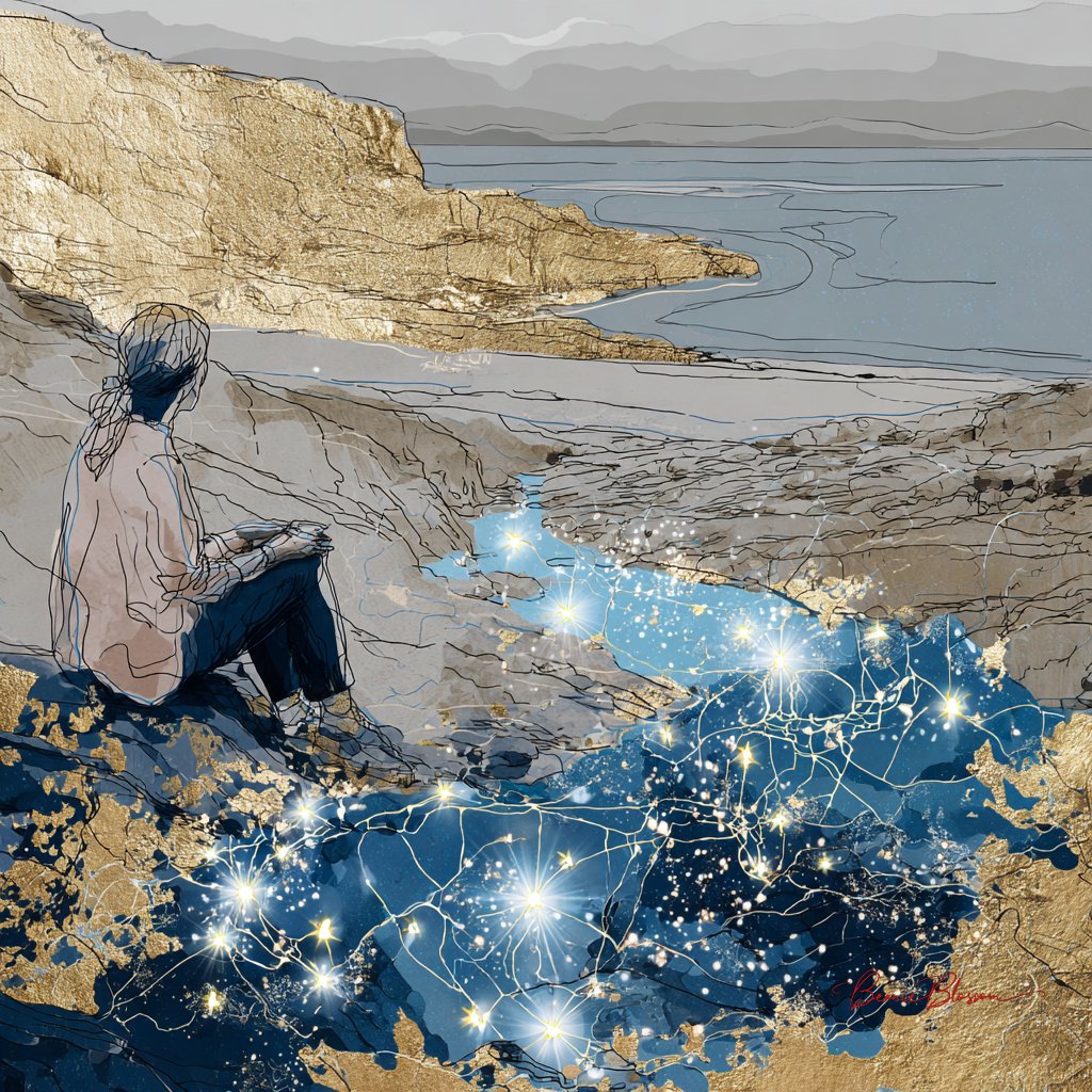 Woman on Rocky Coast Gazing at Star-Filled Pool Below