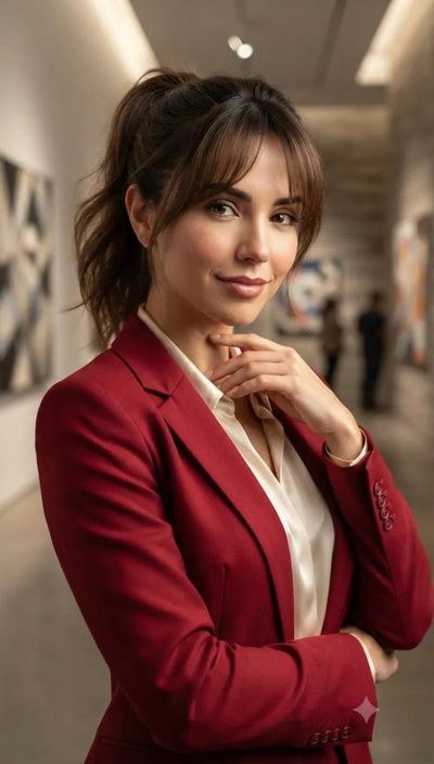 Confident Brunette in Red Blazer Poses in Modern Art Gallery