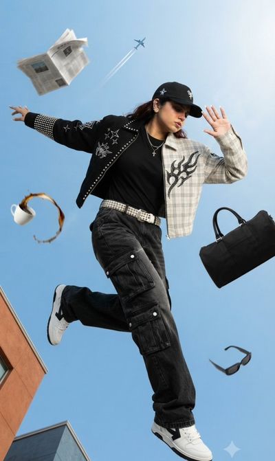 Woman Defies Gravity in Mid-Air Street Fashion Photograph