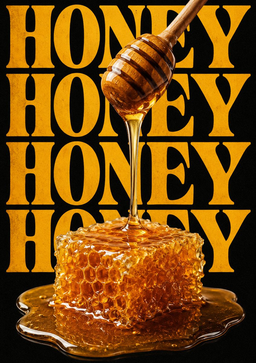 Golden honey drips onto honeycomb against bold typography poster