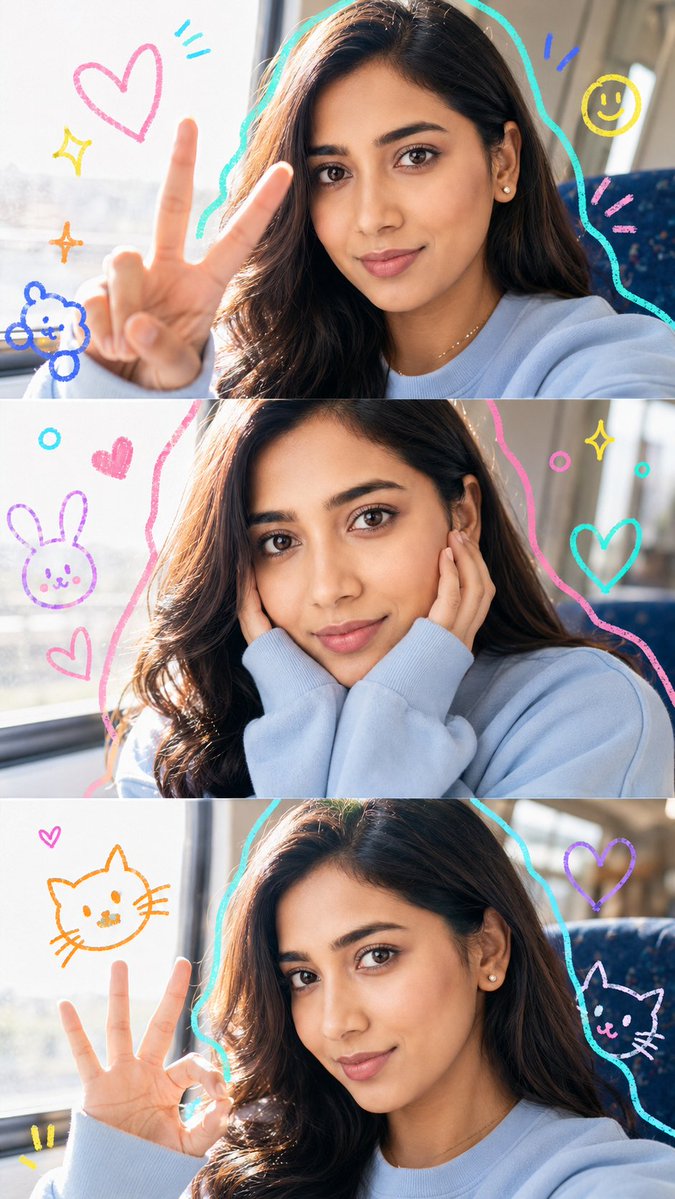 A woman in a blue sweatshirt makes a peace sign in sunlight