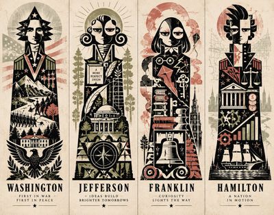 Founding Fathers Reimagined as Ink Glyph Totems on Aged Paper