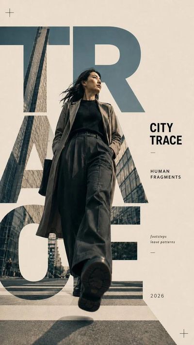 A woman leaps through bold red letters over an urban rooftop