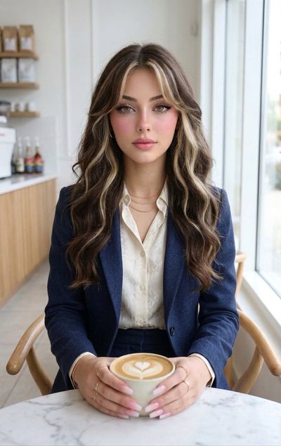 Young woman with blonde highlights holds latte art in minimalist cafe