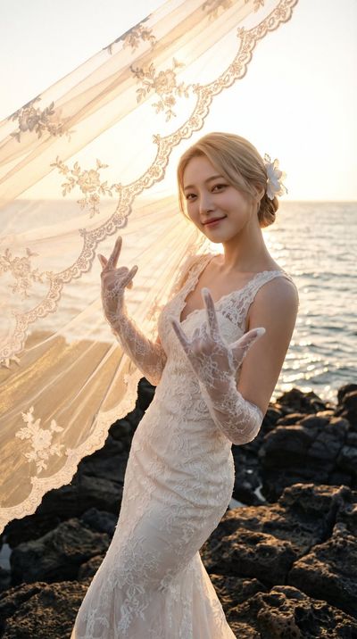 Ivory Lace Illuminated by Sunset at Seaside Portrait