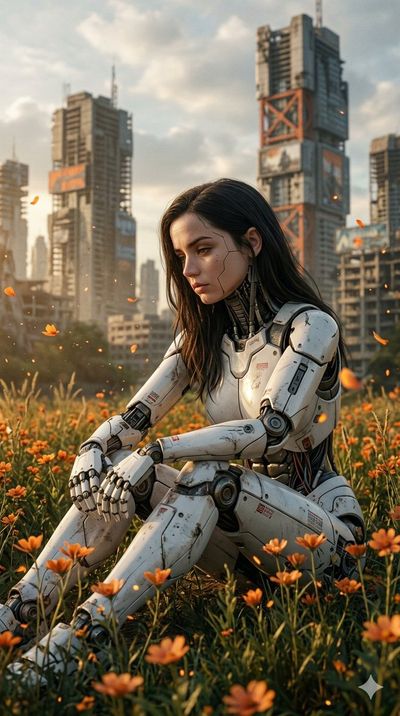 Melancholic Android Amid Post-Apocalyptic Bloom