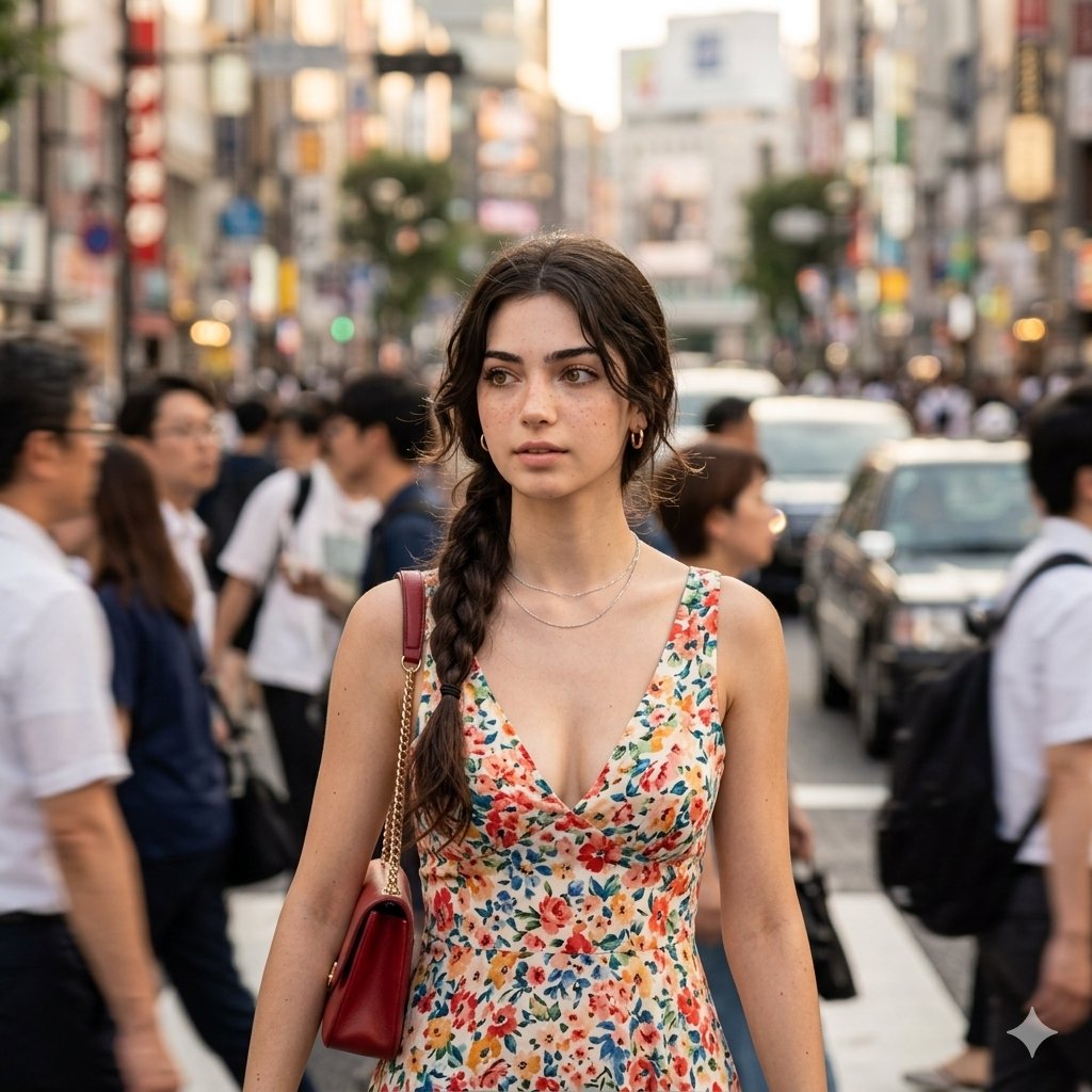 A woman with a red bag walks through a bustling city street.