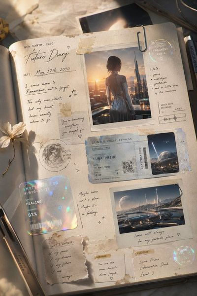 A futuristic journal glows with cinematic realism in soft studio light
