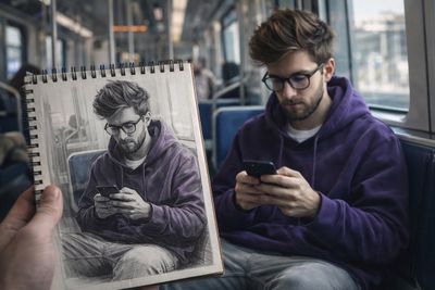 Subway Reflection: Hyperreal Sketch in Motion