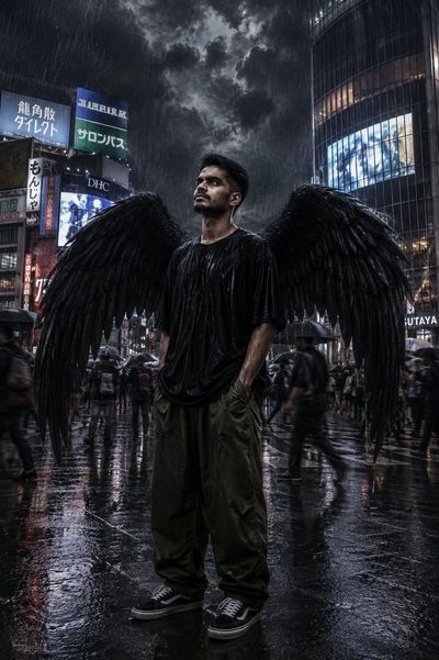 Rain-soaked man with black wings stands still amid blurred city crowd