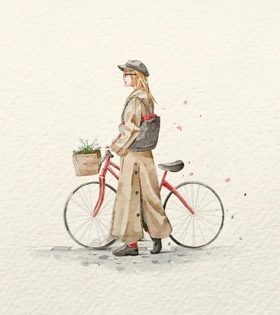 A woman in a trench coat walks beside a vintage red bicycle