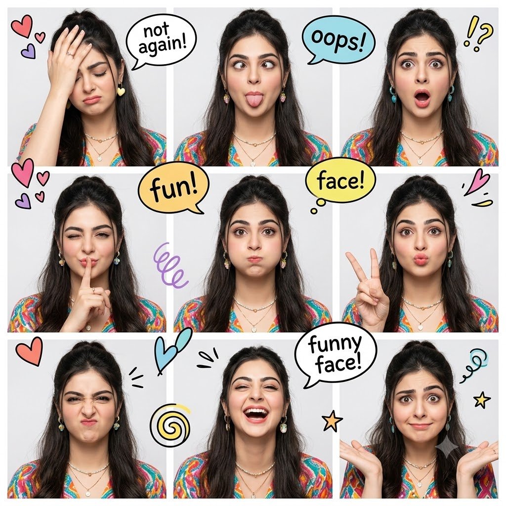 A woman in a colorful top shows nine funny expressions in a collage.