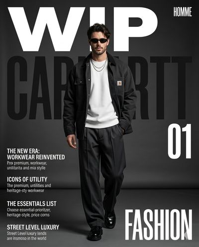 A stylish male model walks confidently in dark workwear on a studio cover.
