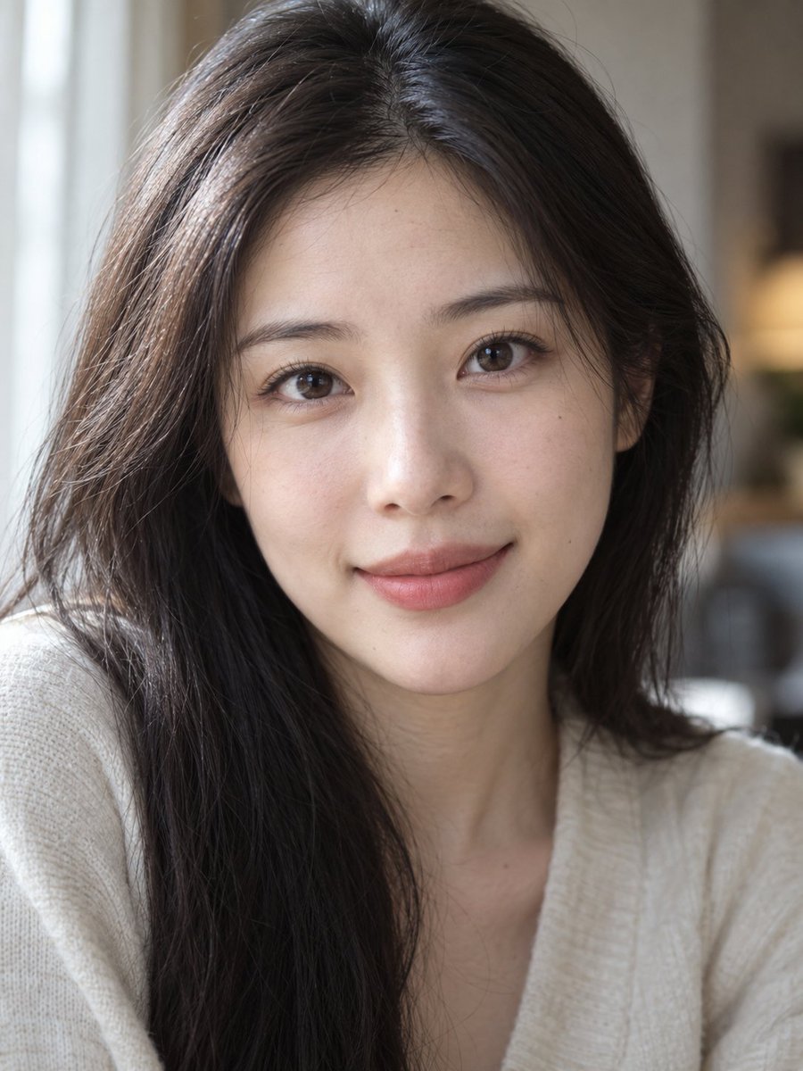 Hyperreal close-up of an Eastern woman's face at f/1.4 aperture