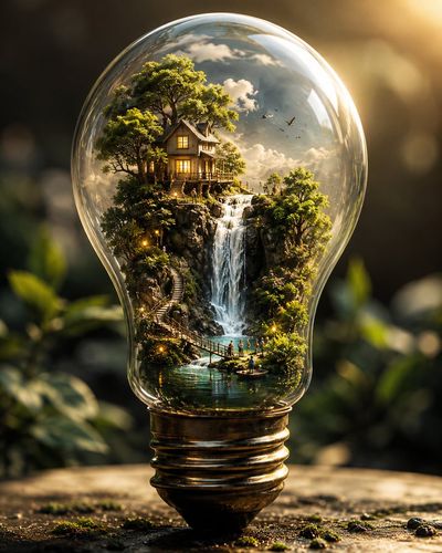 A vintage light bulb holds a miniature world with a cottage