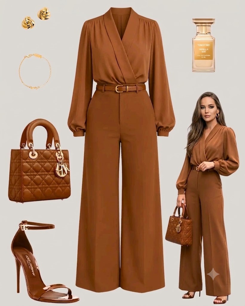 Jennifer Lawrence models a caramel terracotta luxury outfit on beige background.