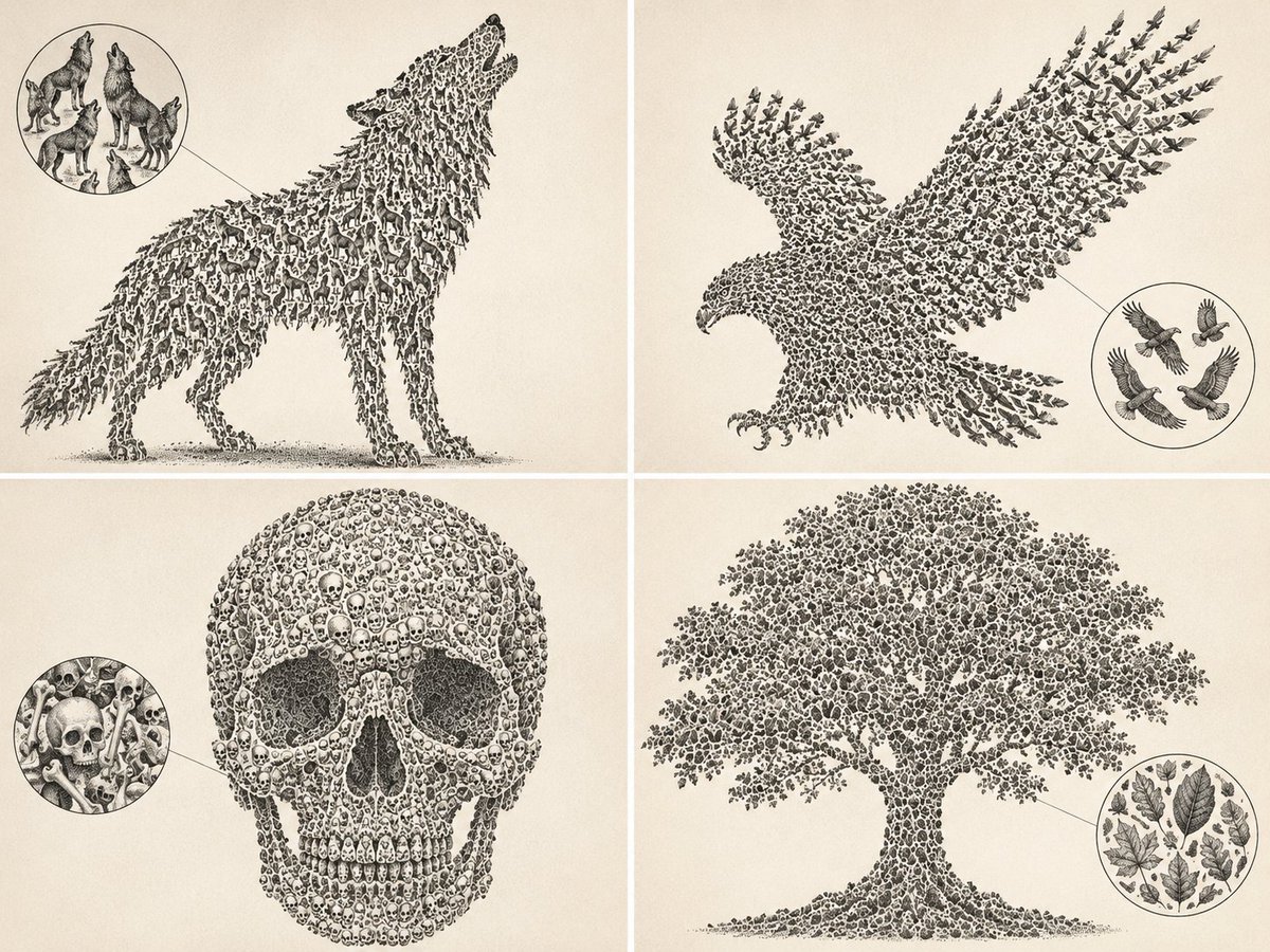 Wolf silhouette formed by hundreds of tiny howling wolves in ink