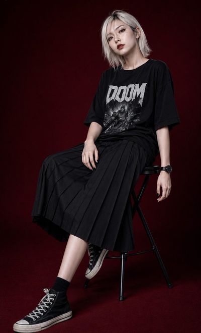 Asian model in oversized black band tee poses on stool