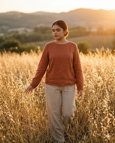 A woman walks through golden grass at sunset in peace