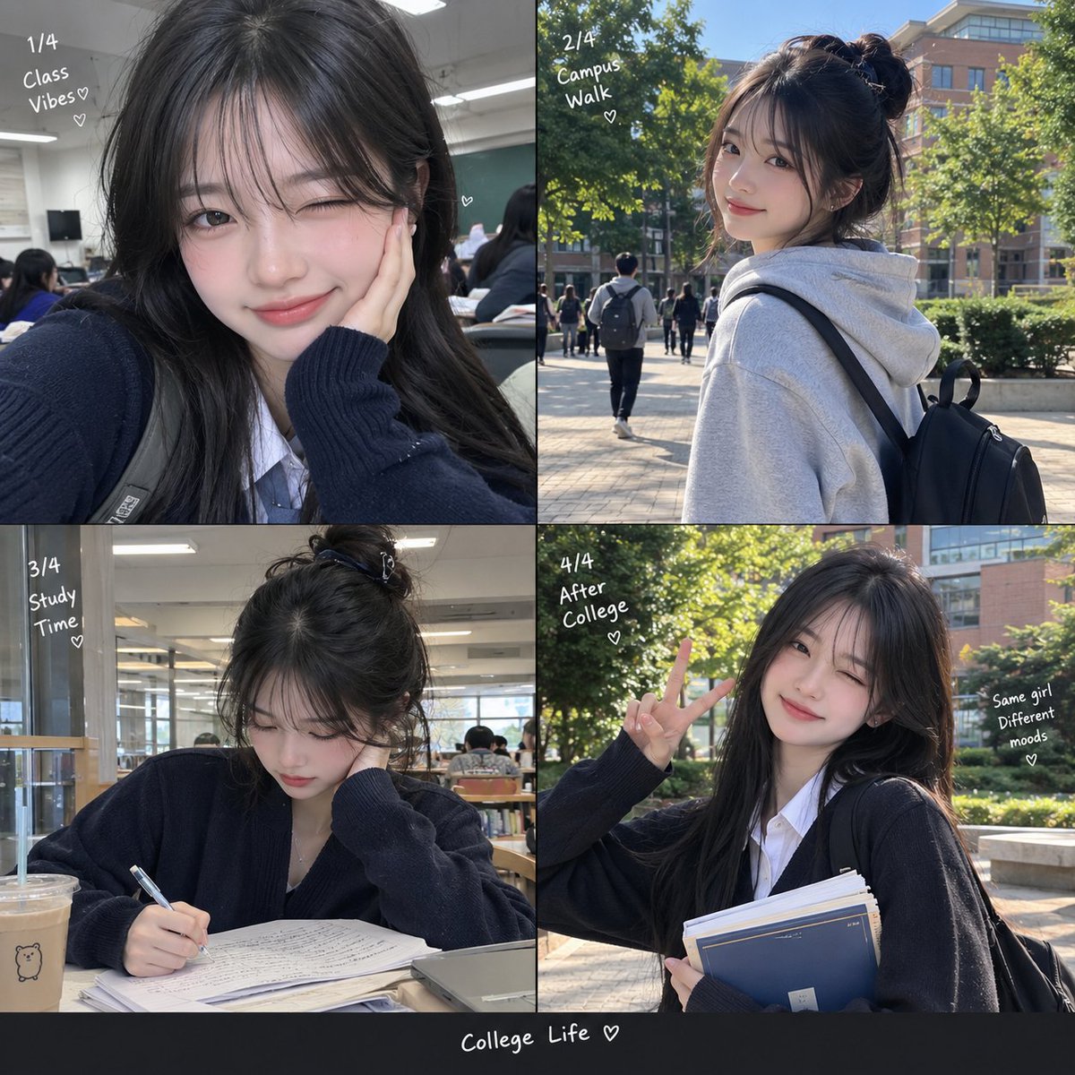 Korean College Girl Smiles in Four-Panel Campus Lifestyle Collage