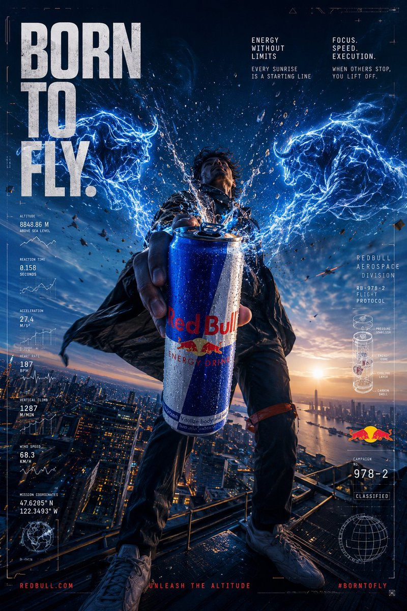 A fearless athlete stands at dawn with an exploding Red Bull can