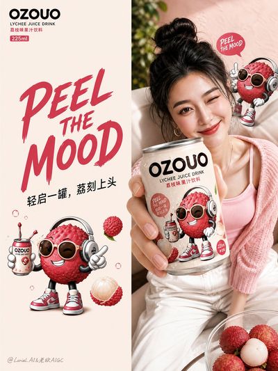 Lifestyle retail board shows OZOUO lychee cans in fridge display