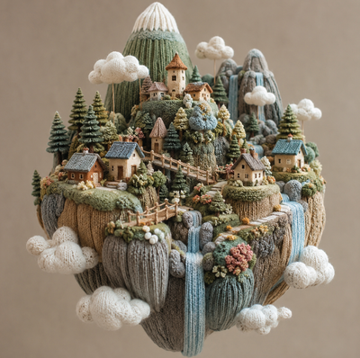 A floating alpine hamlet sculpted from knitted wool and linen